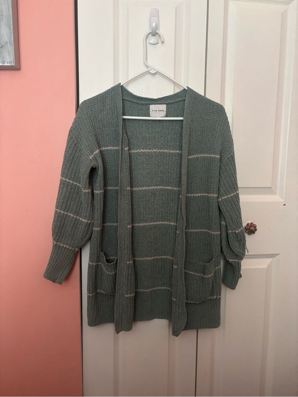 Open-Front Green Striped Knit Cardigan